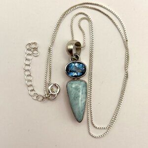 Sterling Silver 925 London Blue Topaz & Larimar Pendant Necklace 18-20in Adjust